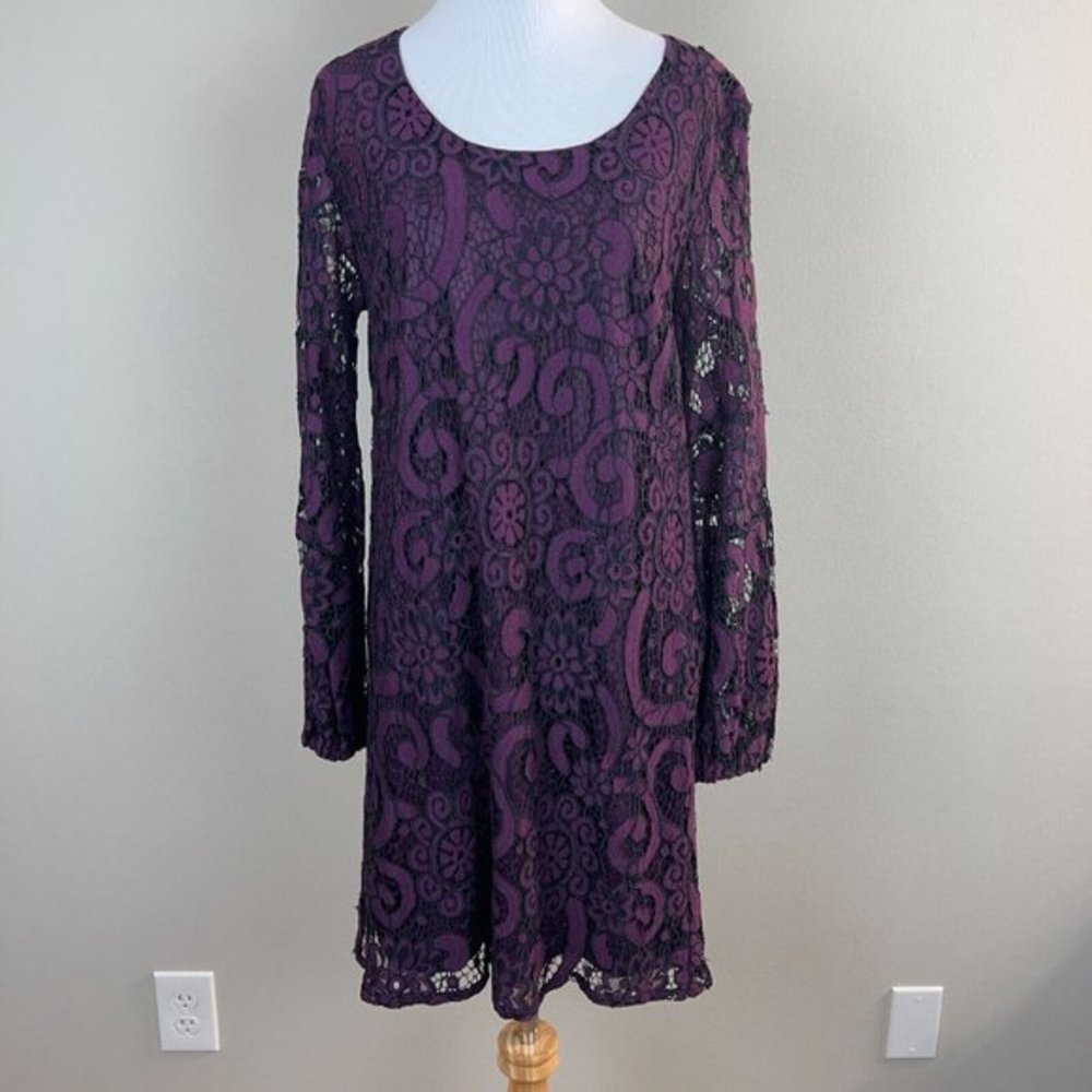 Sunday in Brooklyn Mini Dress S Purple Lace Lined Joy Long Sheer‎ Sleeve Shift